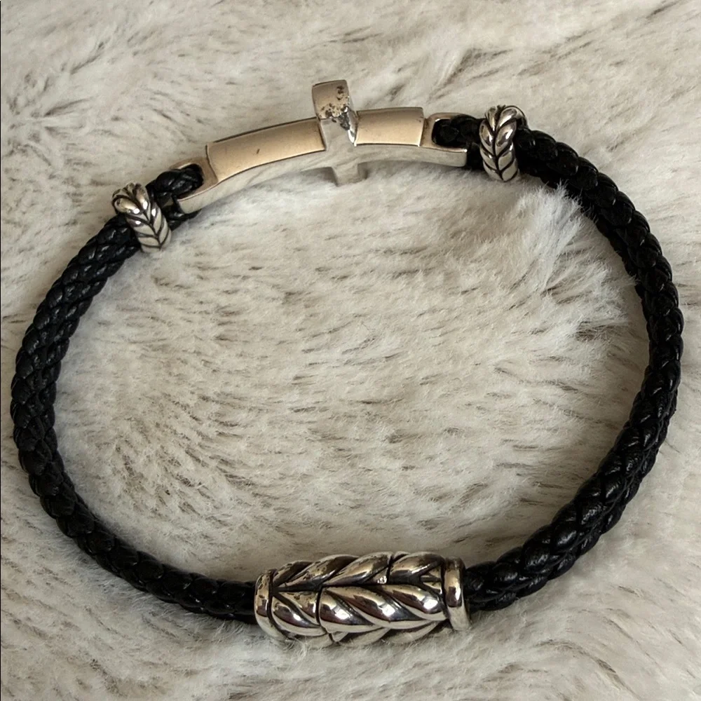 David Yurman Black Leather Bracelet with Silver Cross Accent